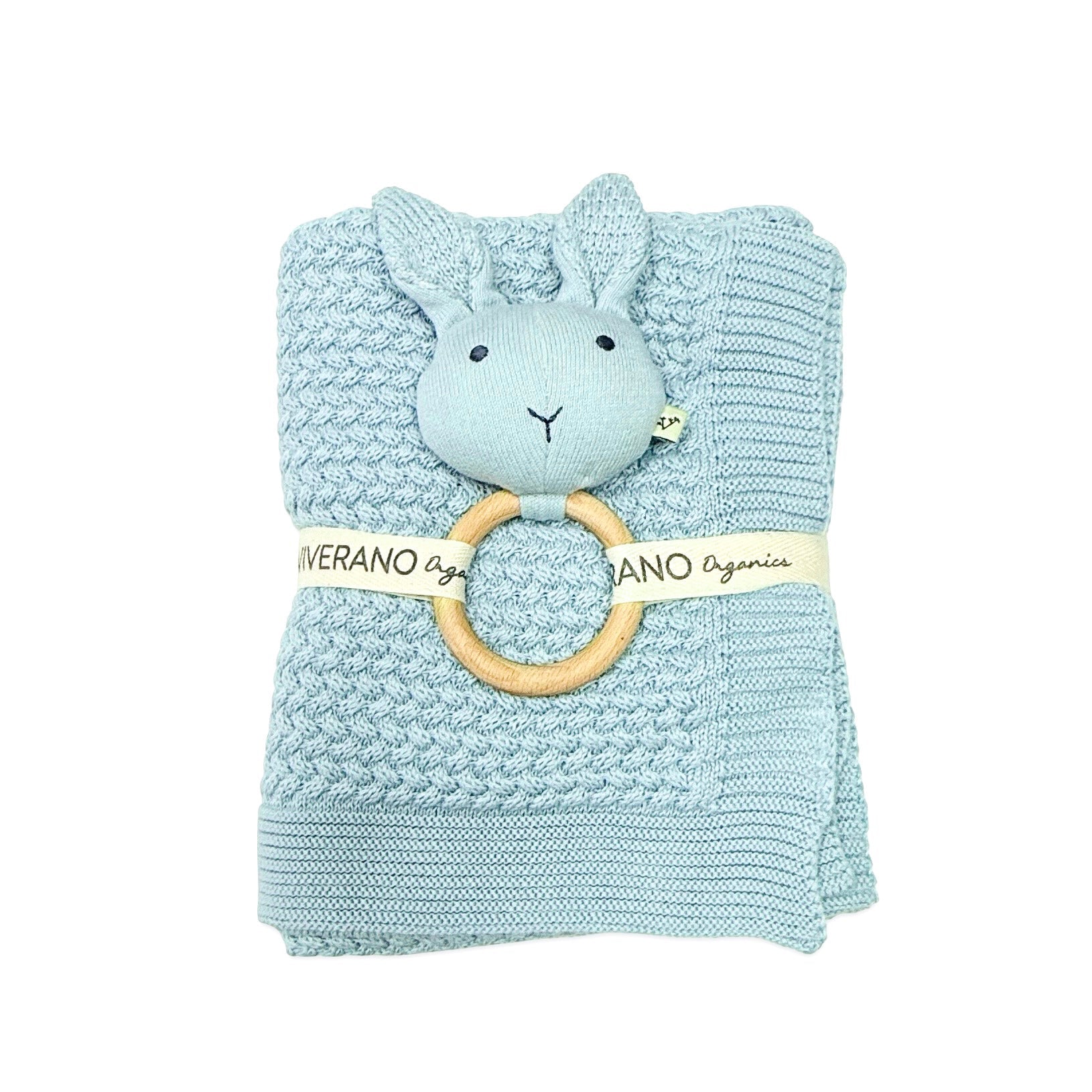 Classic Moss Knit Baby Blanket + Bunny Rattle Gift Set (Organic Cotton) - 3 Colors