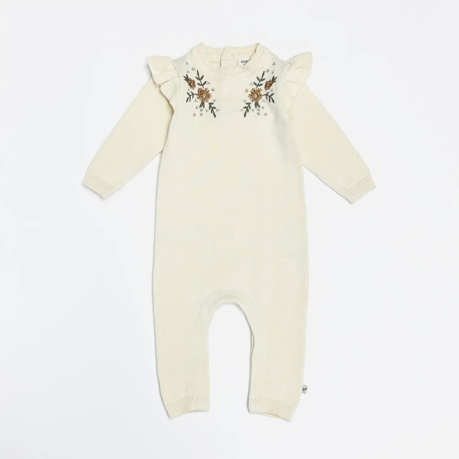 Milan Floral Embroidered Ruffle Knit Baby Jumpsuit (Organic) - 2 Colors