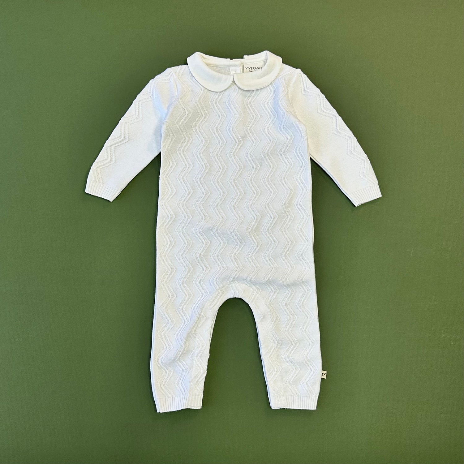 Milan Dove White Peter Pan Fancy Chevron Knit Baby Jumpsuit (Organic Cotton)