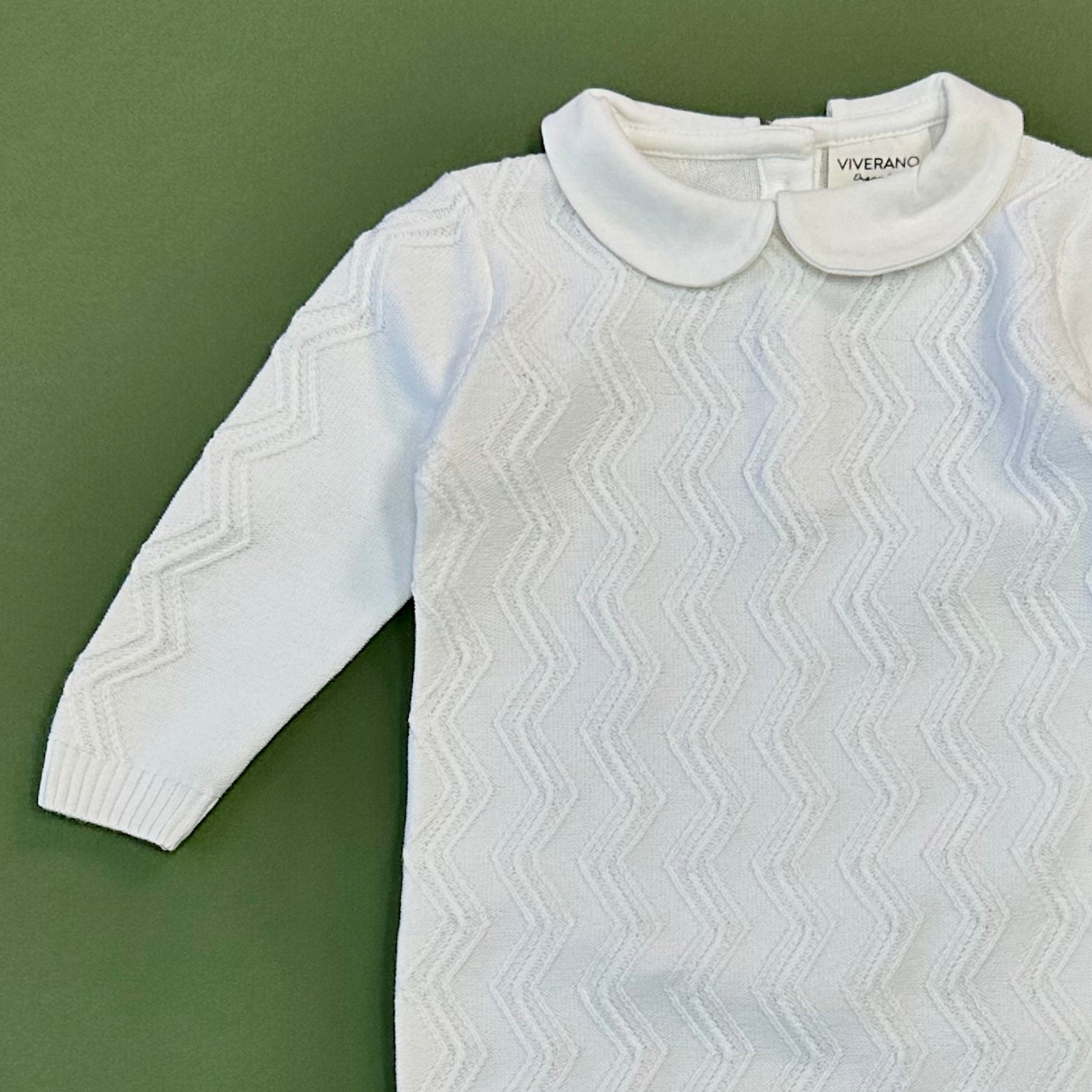 Milan Dove White Peter Pan Fancy Chevron Knit Baby Jumpsuit (Organic Cotton)