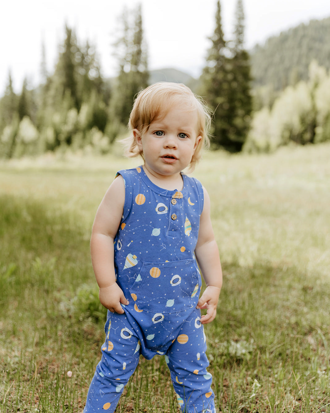 Space Dream Sleeveless Kangaroo Pocket Baby Jumpsuit Romper (Organic Cotton)