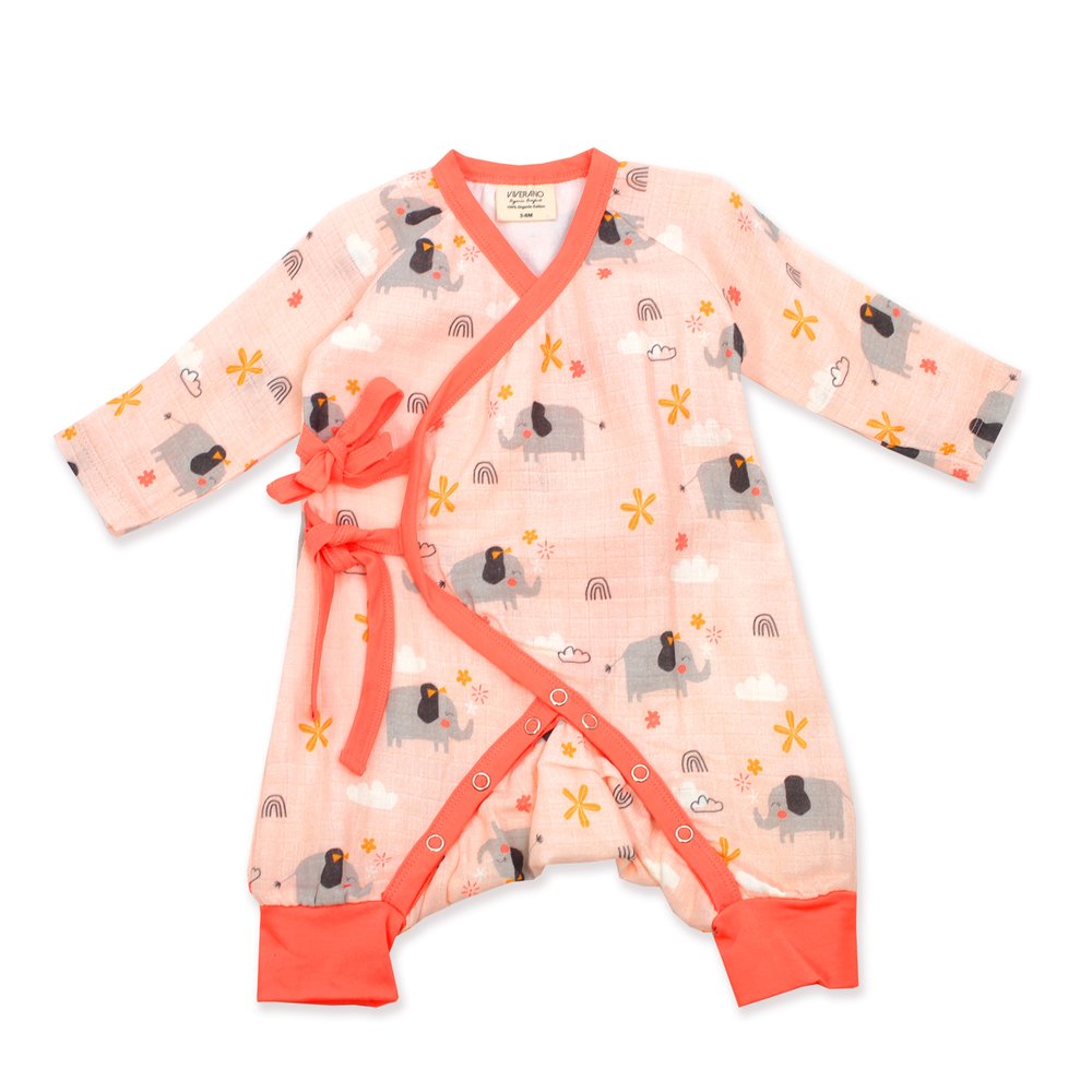 Elephant Baby Kimono Coverall (Organic Muslin)