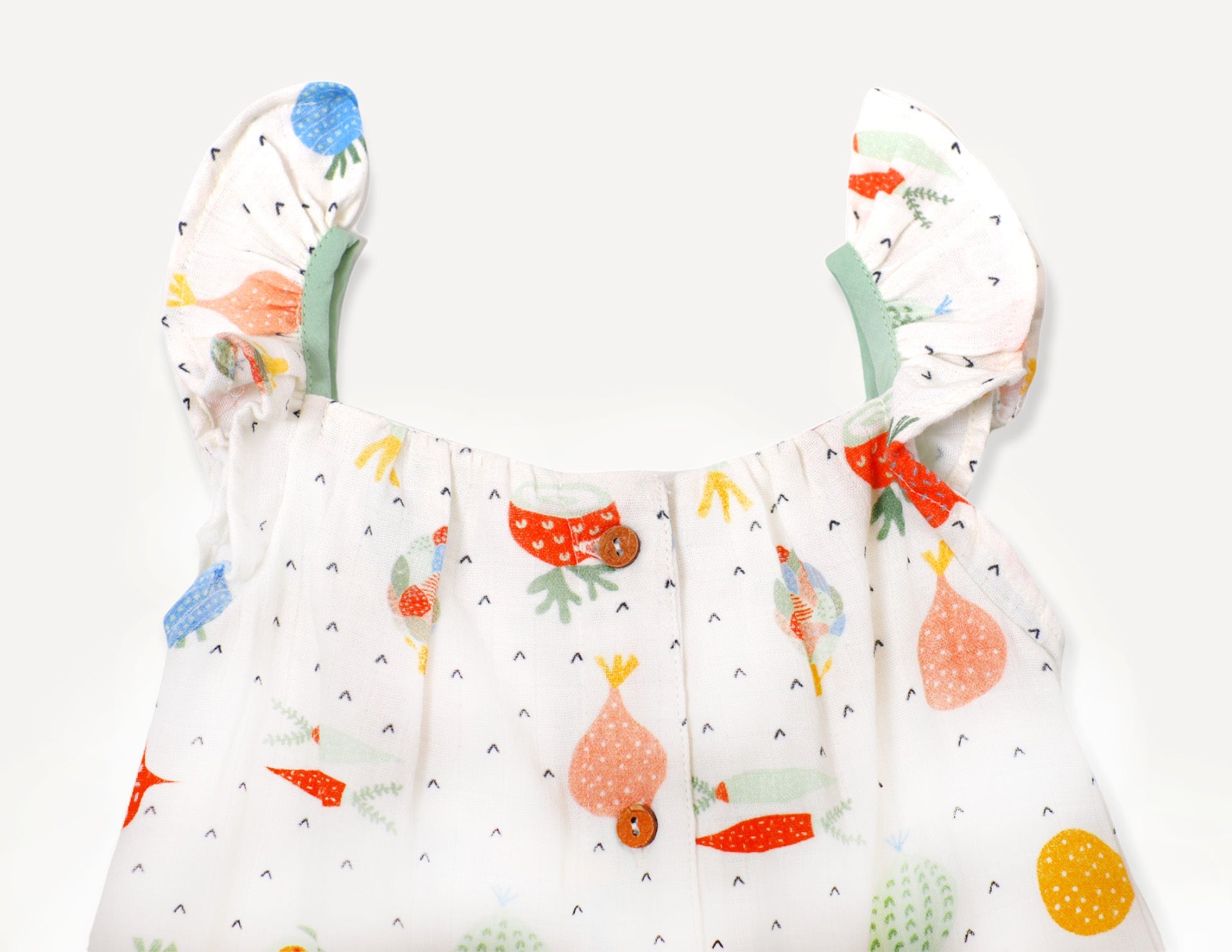 Veggie Ruffle & Button Jumpsuit Romper (Organic Muslin)