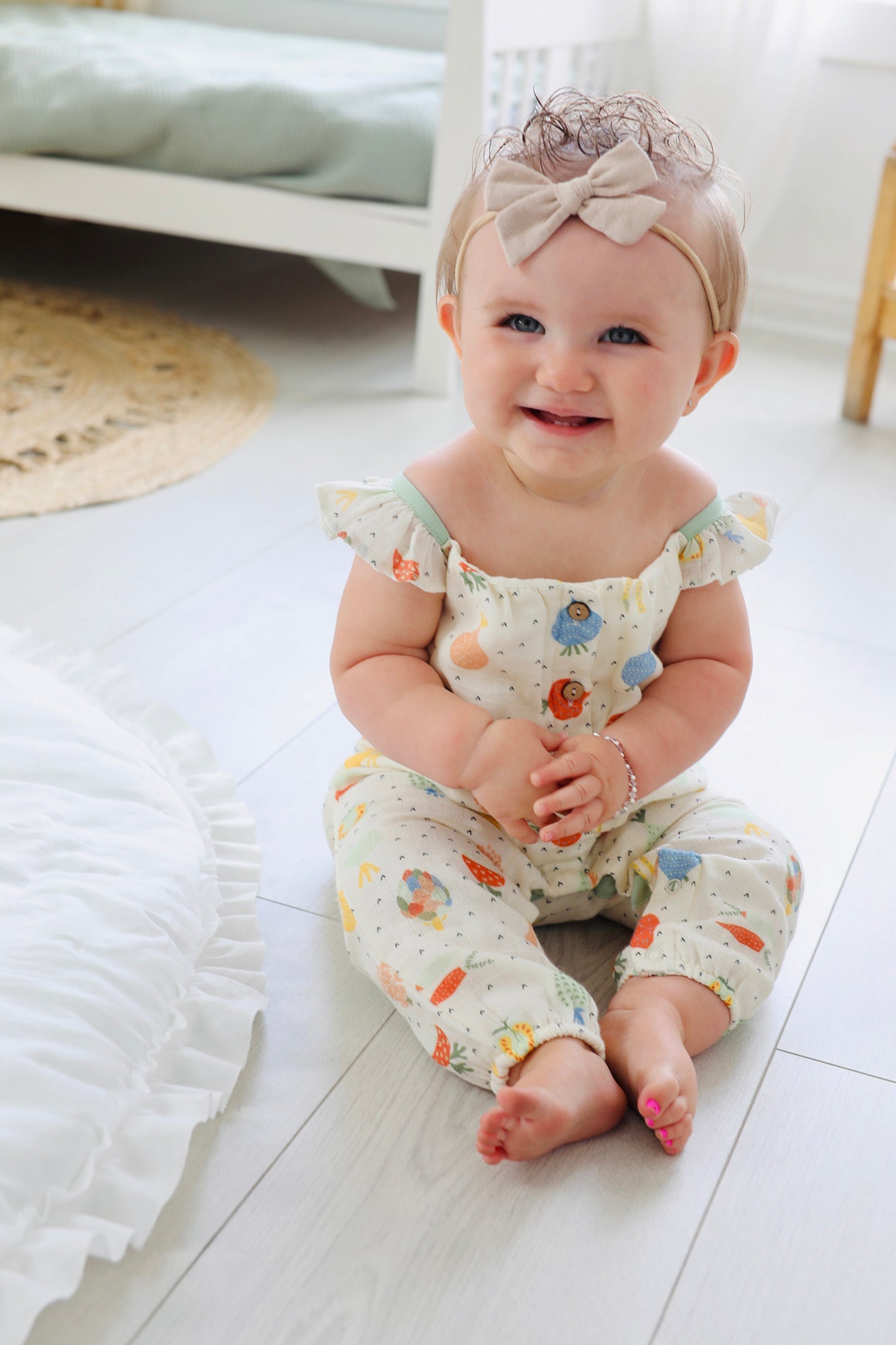 Veggie Ruffle & Button Jumpsuit Romper (Organic Muslin)