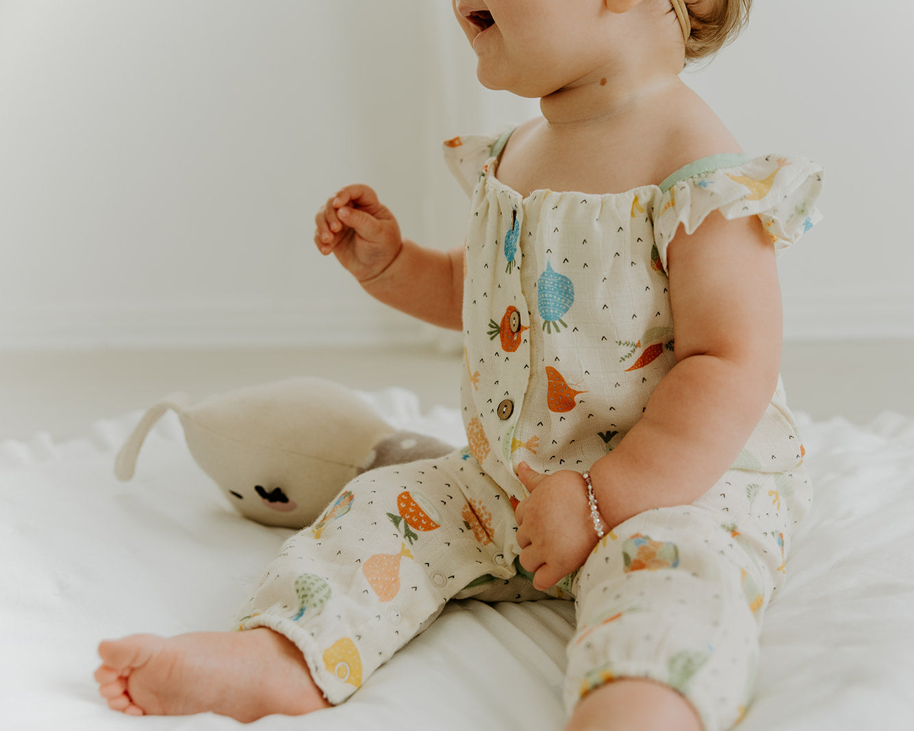 Veggie Ruffle & Button Jumpsuit Romper (Organic Muslin)