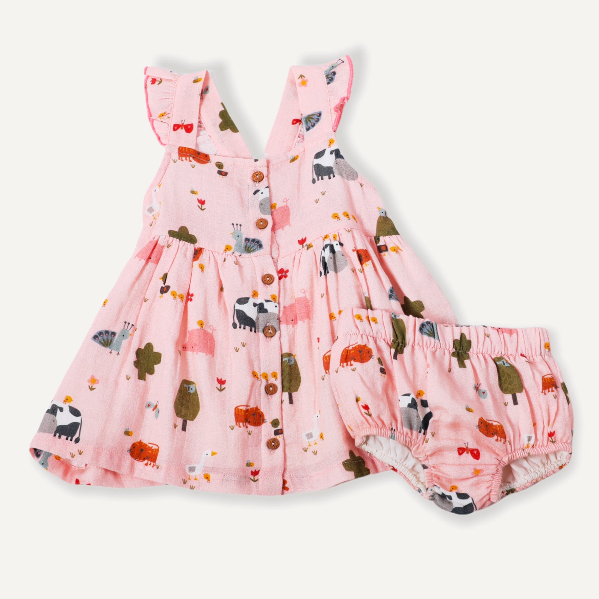 Farm Ruffled Sleeveless Button Front Baby Dress + Bloomer SET (Organic)