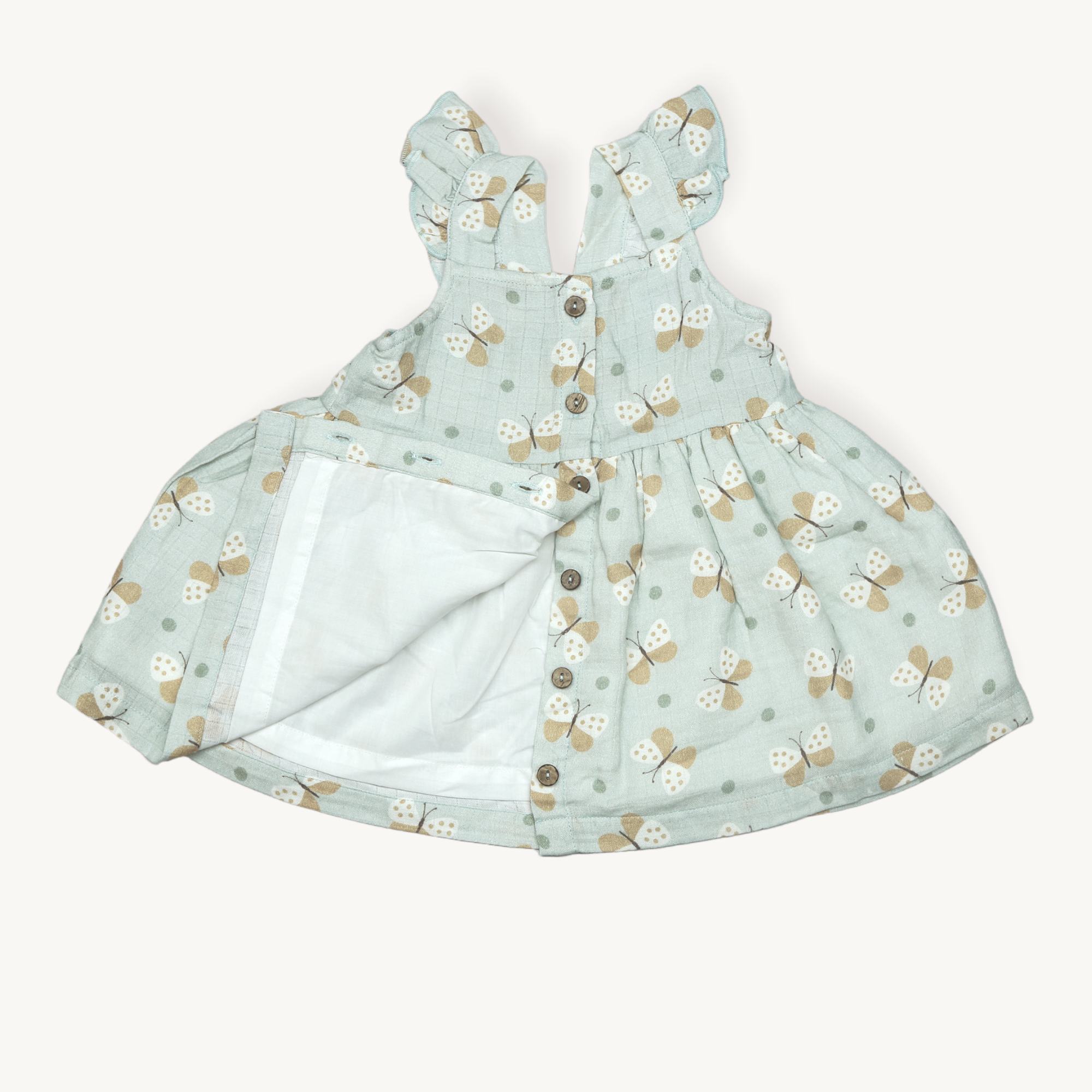 Butterfly Ruffle Button Baby Dress + Bloomer (Organic Muslin)