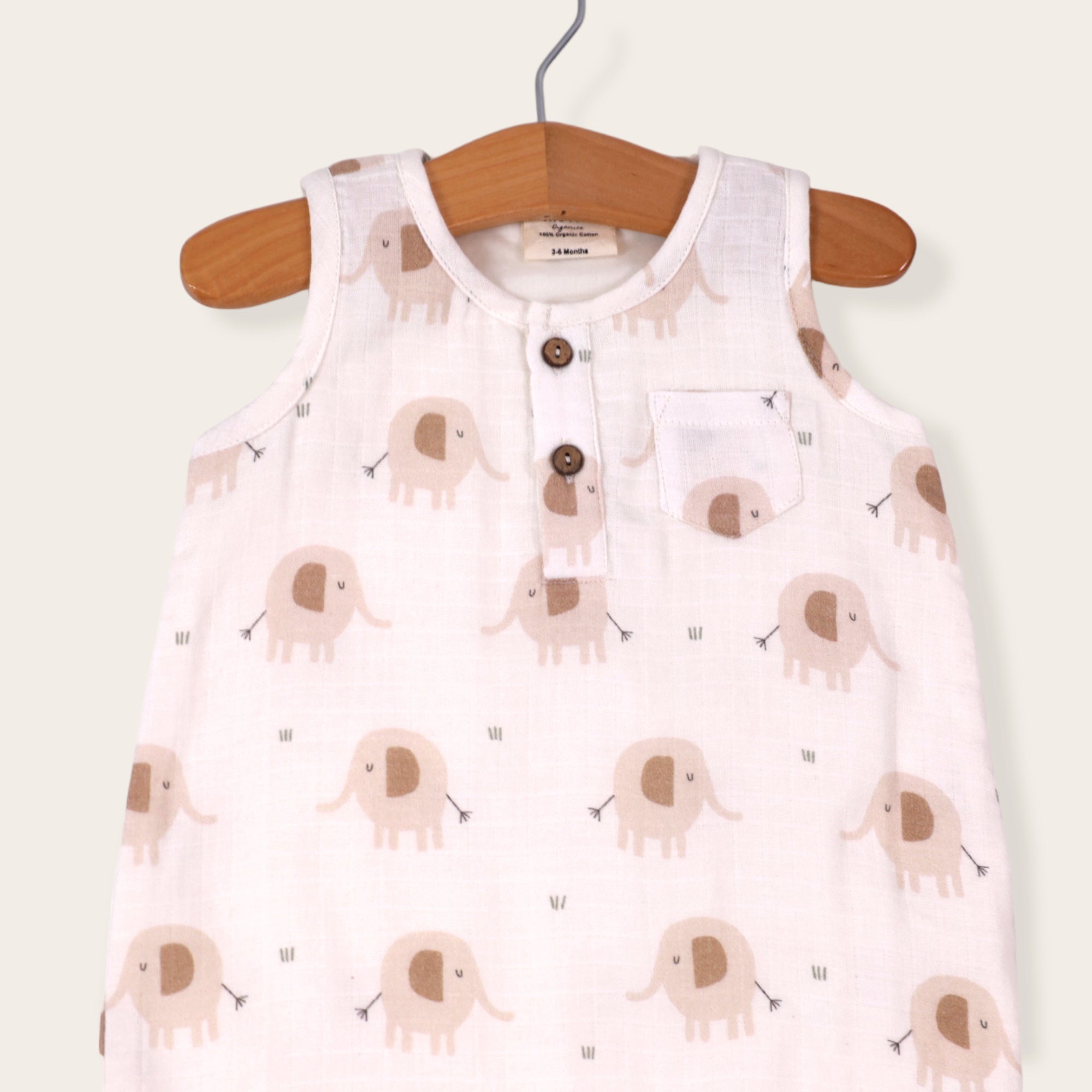 Elephant Henley Sleeveless Baby Romper (Organic Muslin)