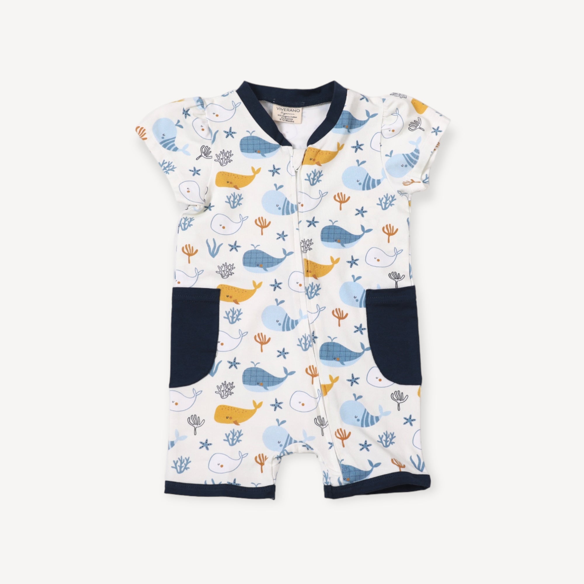 Ocean Whales Zipper Puff Sleeve Baby Romper (Organic Jersey)