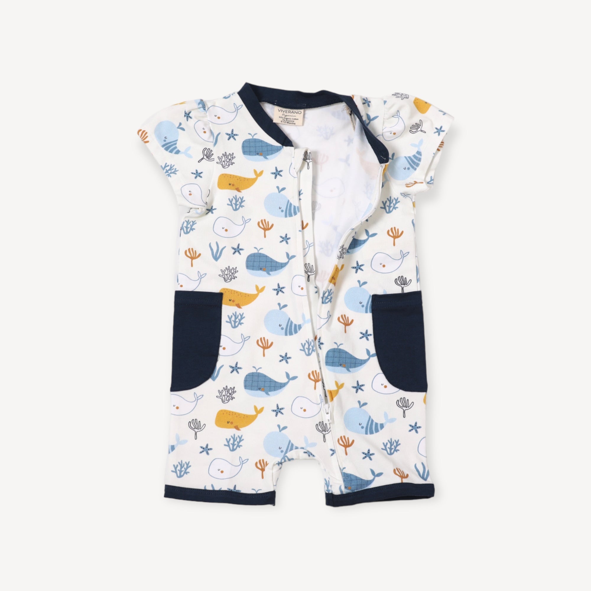 Ocean Whales Zipper Puff Sleeve Baby Romper (Organic Jersey)