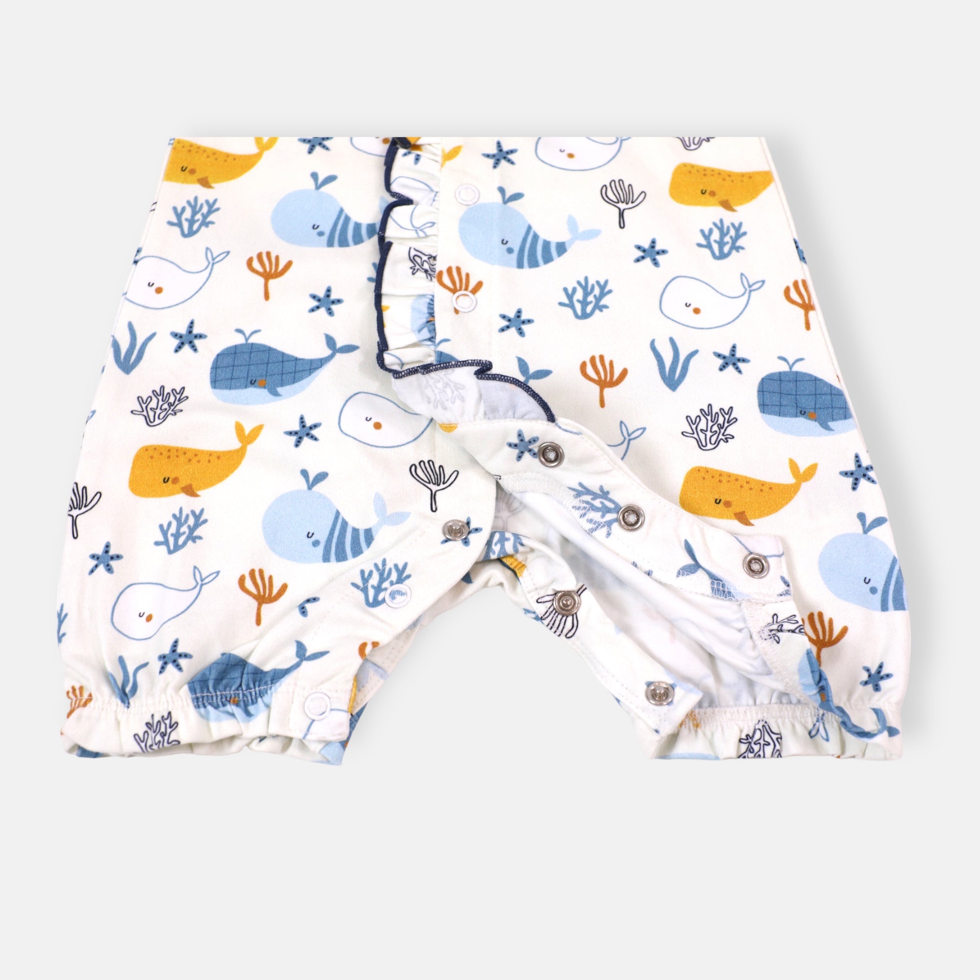 Ocean Whales Ruffle & Button Baby Romper (Organic Jersey)
