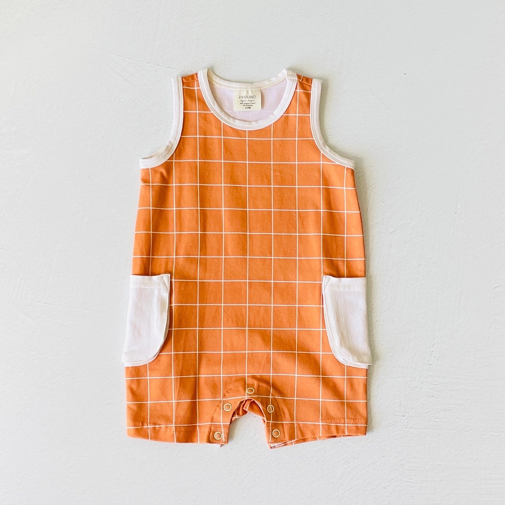 Clementine Checkered Pocket Baby Romper (Organic Jersey)