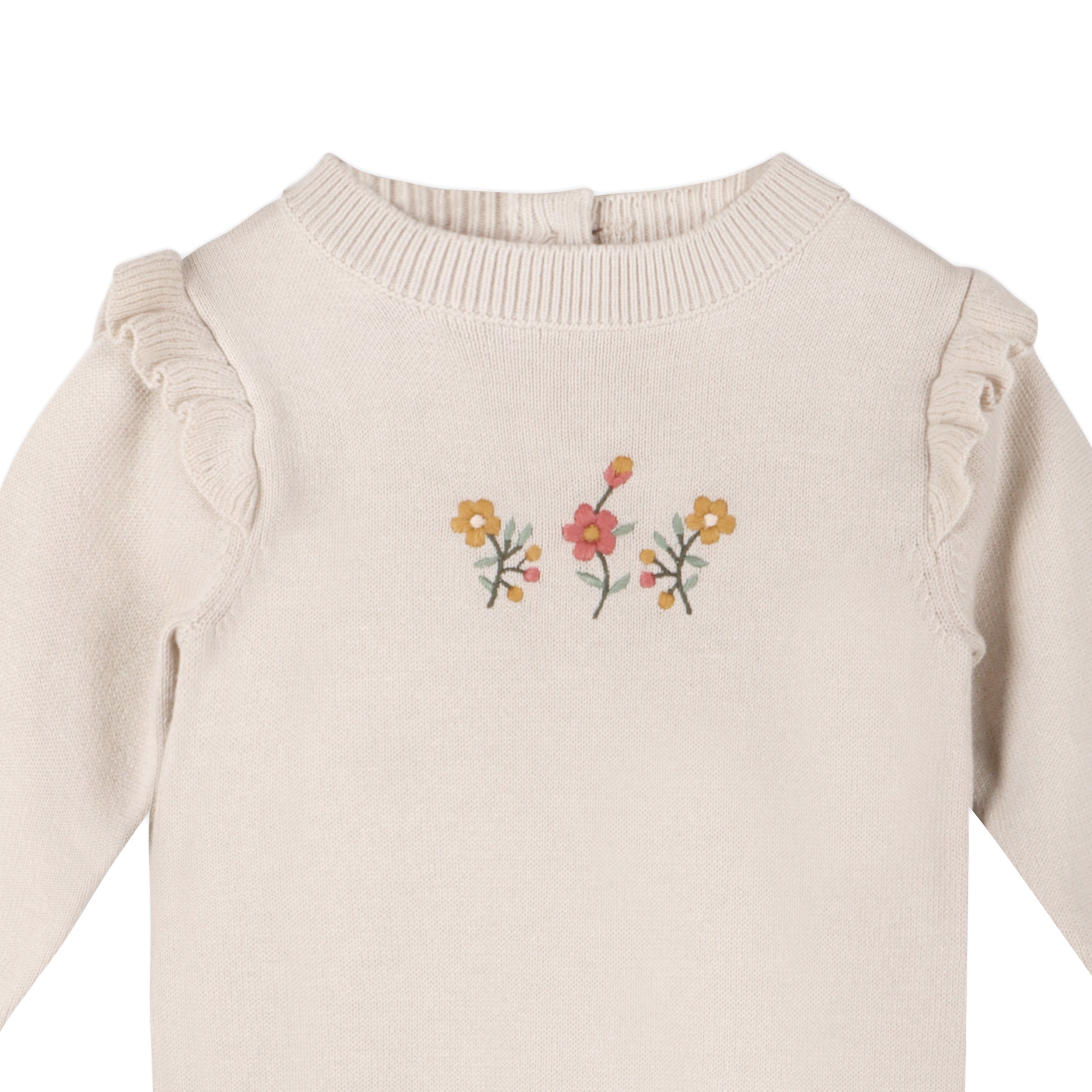 Floral Embroidered Ruffle Baby Sweater Jumpsuit (Organic)