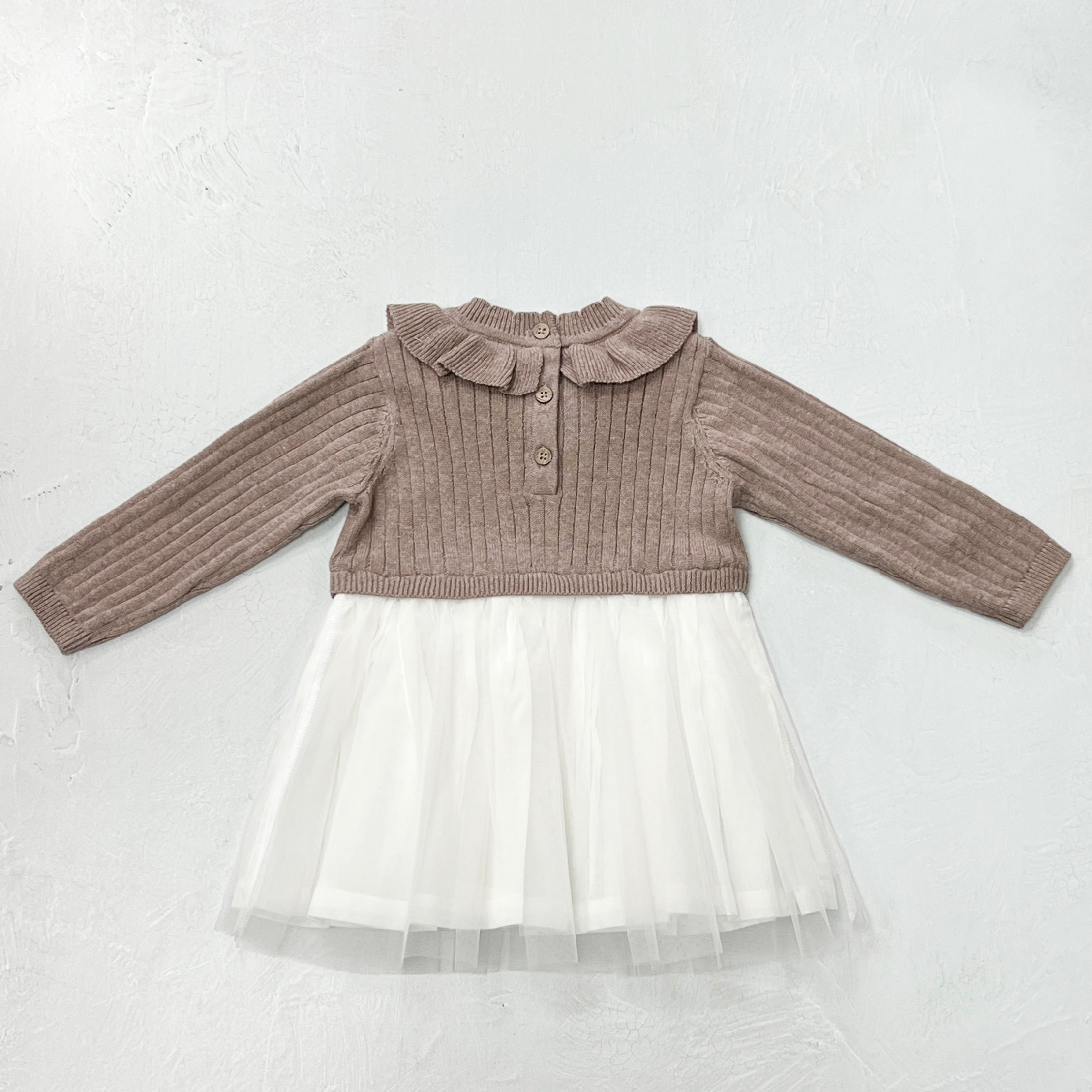 Ruffle Neck Sweater Knit Top & Tutu Baby Dress (Organic Cotton) - Cafe Latte