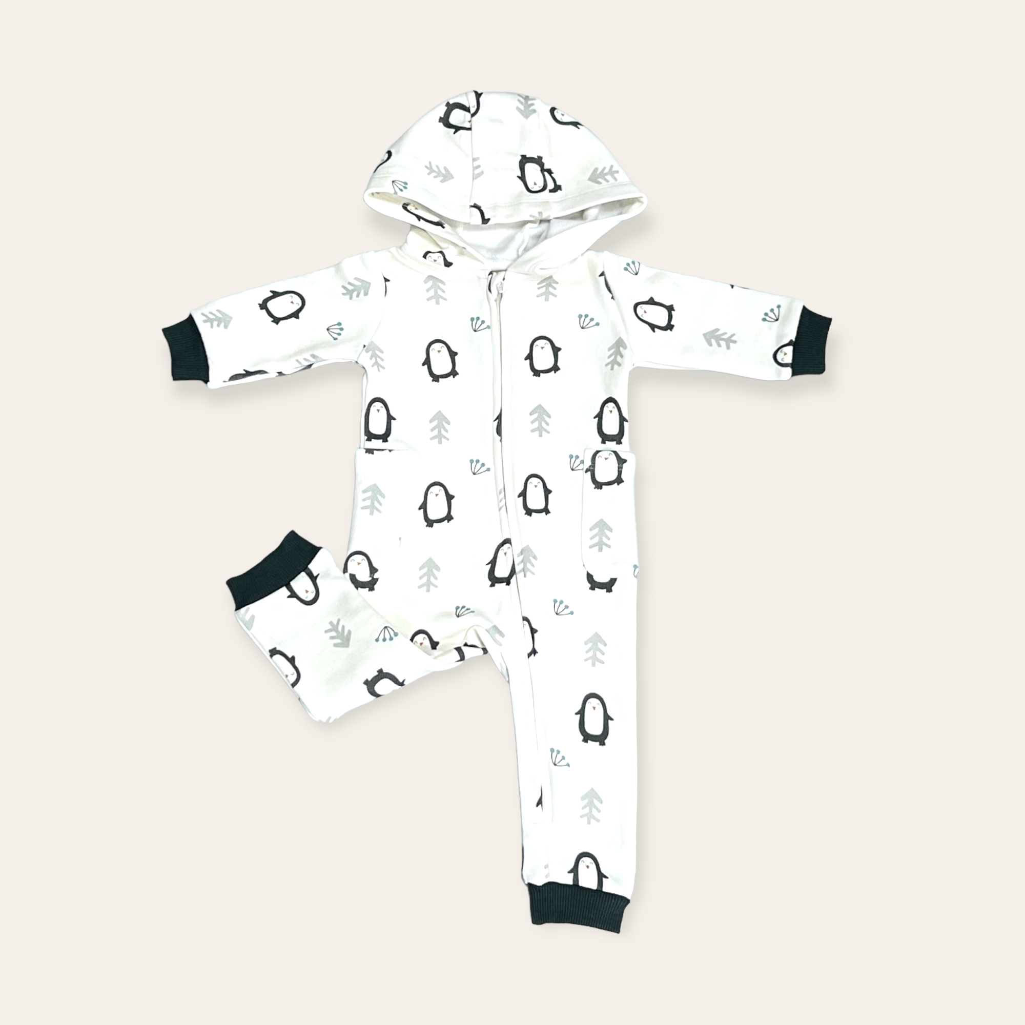 Penguin Fleece Zipper Hooded Baby Jumpsuit (Organic Cotton)
