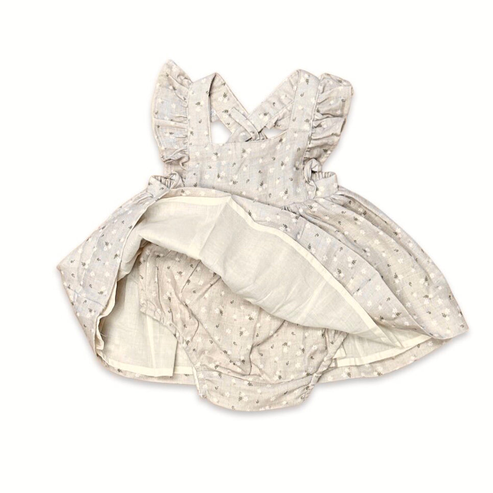 Ditsy Floral Ruffle Cross Back Flare Baby Dress+Bloomer (Organic Muslin)