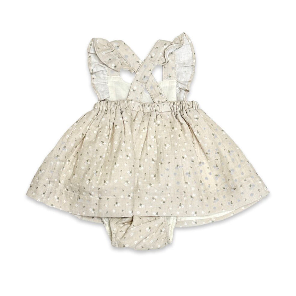 Ditsy Floral Ruffle Cross Back Flare Baby Dress+Bloomer (Organic Muslin)