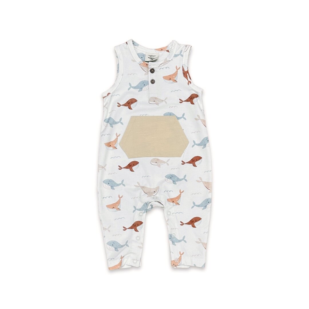 Whales Sleeveless Kangaroo Baby Jumpsuit (Organic Jersey)