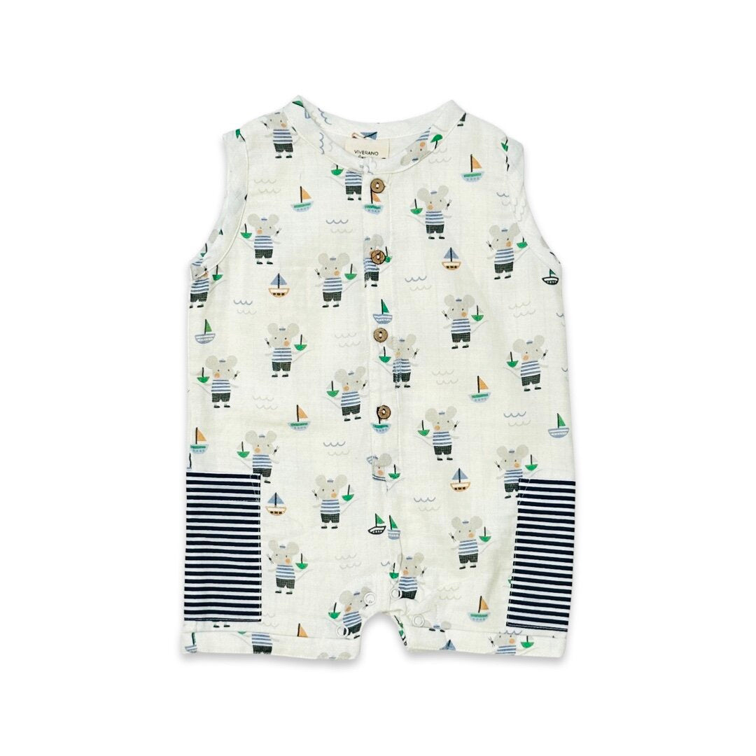 Mouse Sailor Pocket & Button Short Baby Romper (Organic Muslin)