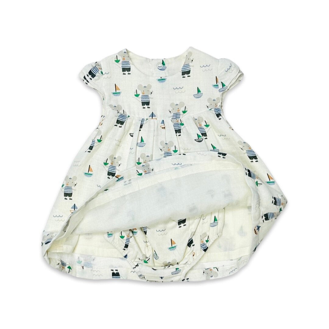 Mouse Sailor Cap Sleeve Baby Dress+Bloomer (Organic Muslin)