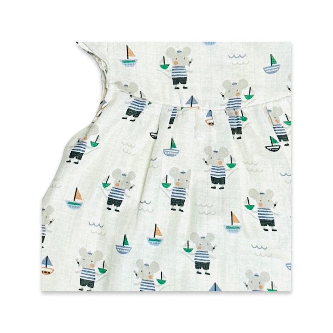 Mouse Sailor Cap Sleeve Baby Dress+Bloomer (Organic Muslin)