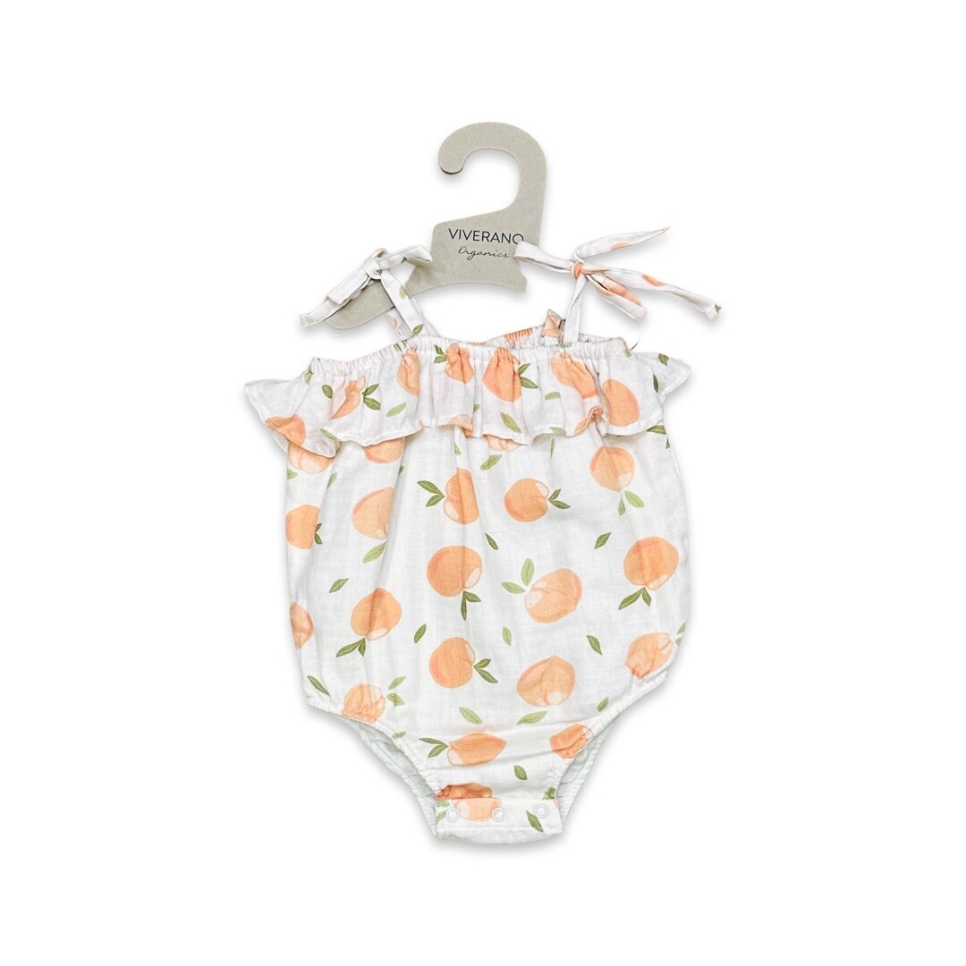 Peaches Shoulder Tie Baby Bubble Romper+Headband (Organic Muslin)