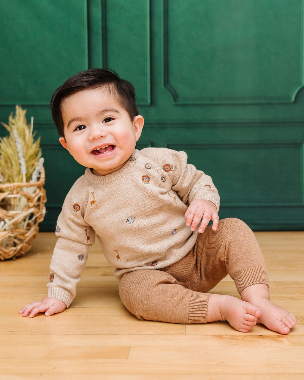 Mini Safari Animal Embroidered Raglan Baby Pullover Sweater (Organic Cotton)