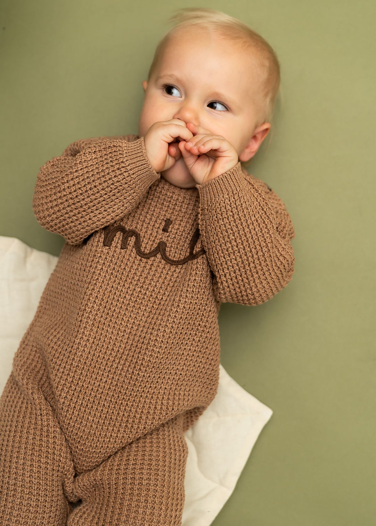 Smile Embroidered Chunky Sweater Knit Baby Jumpsuit (Organic Cotton)