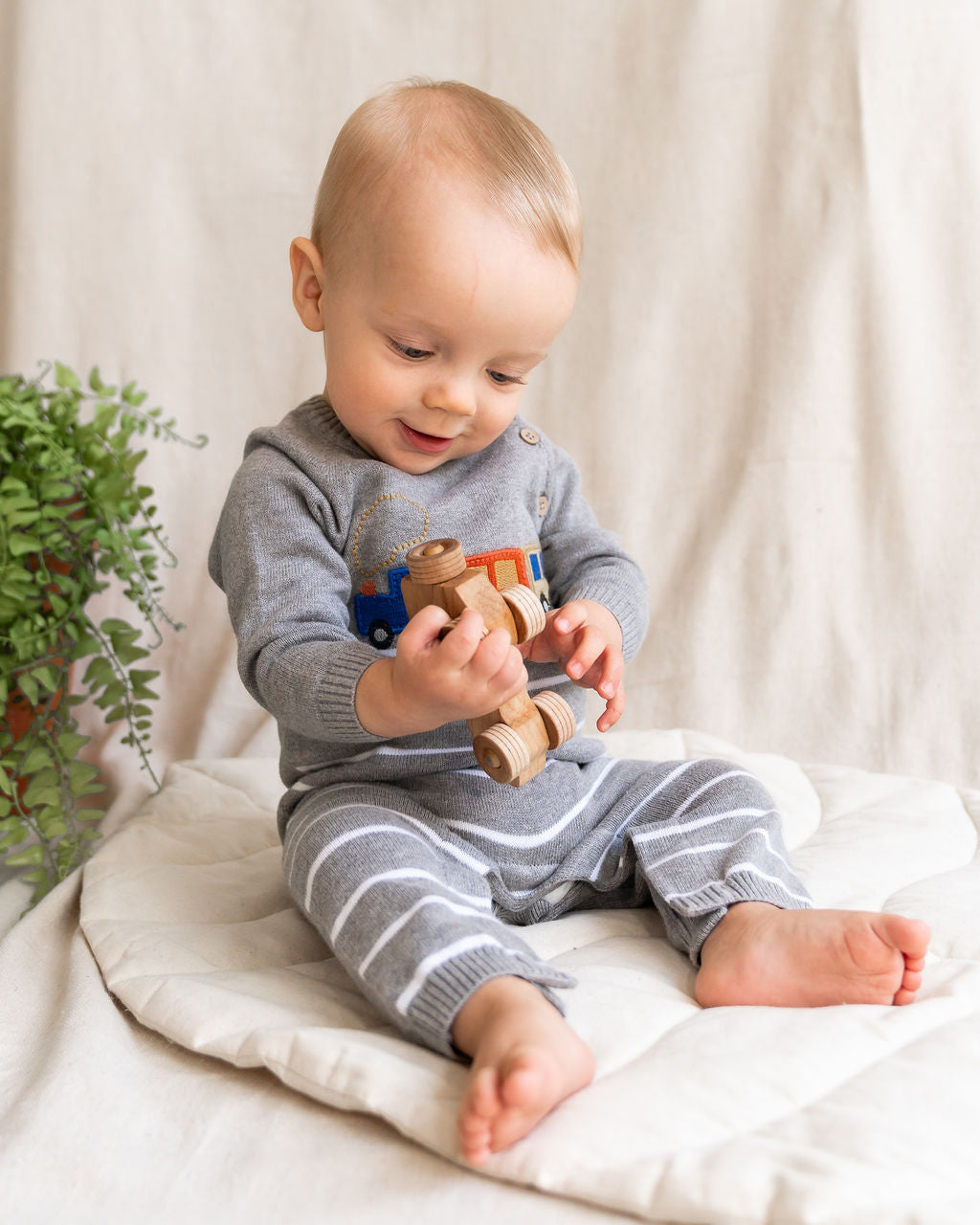 Train Applique Sweater Knit Baby Jumpsuit (Organic Cotton)