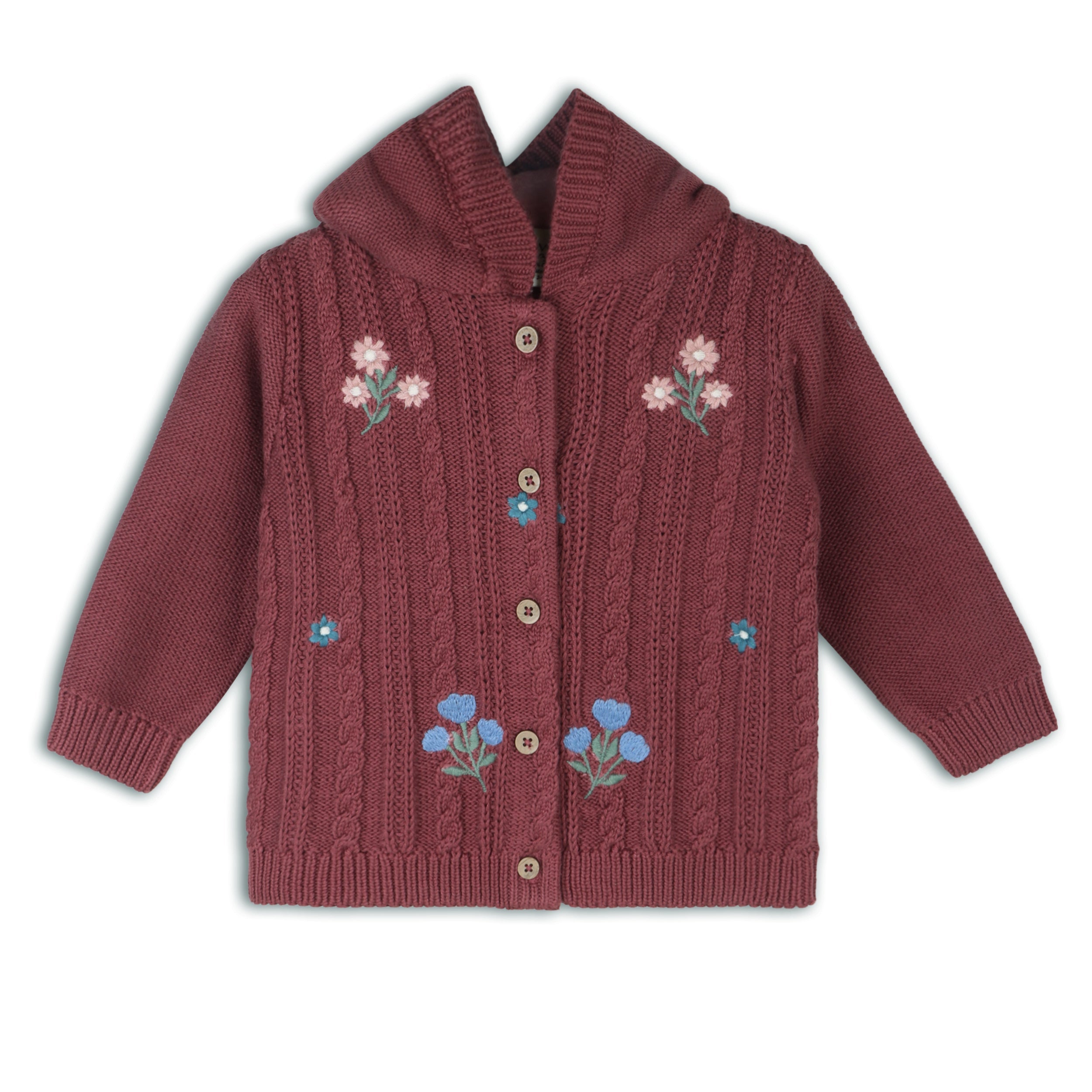 Floral Embroidered Cable Knit Hooded Baby Cardigan (Organic Cotton)