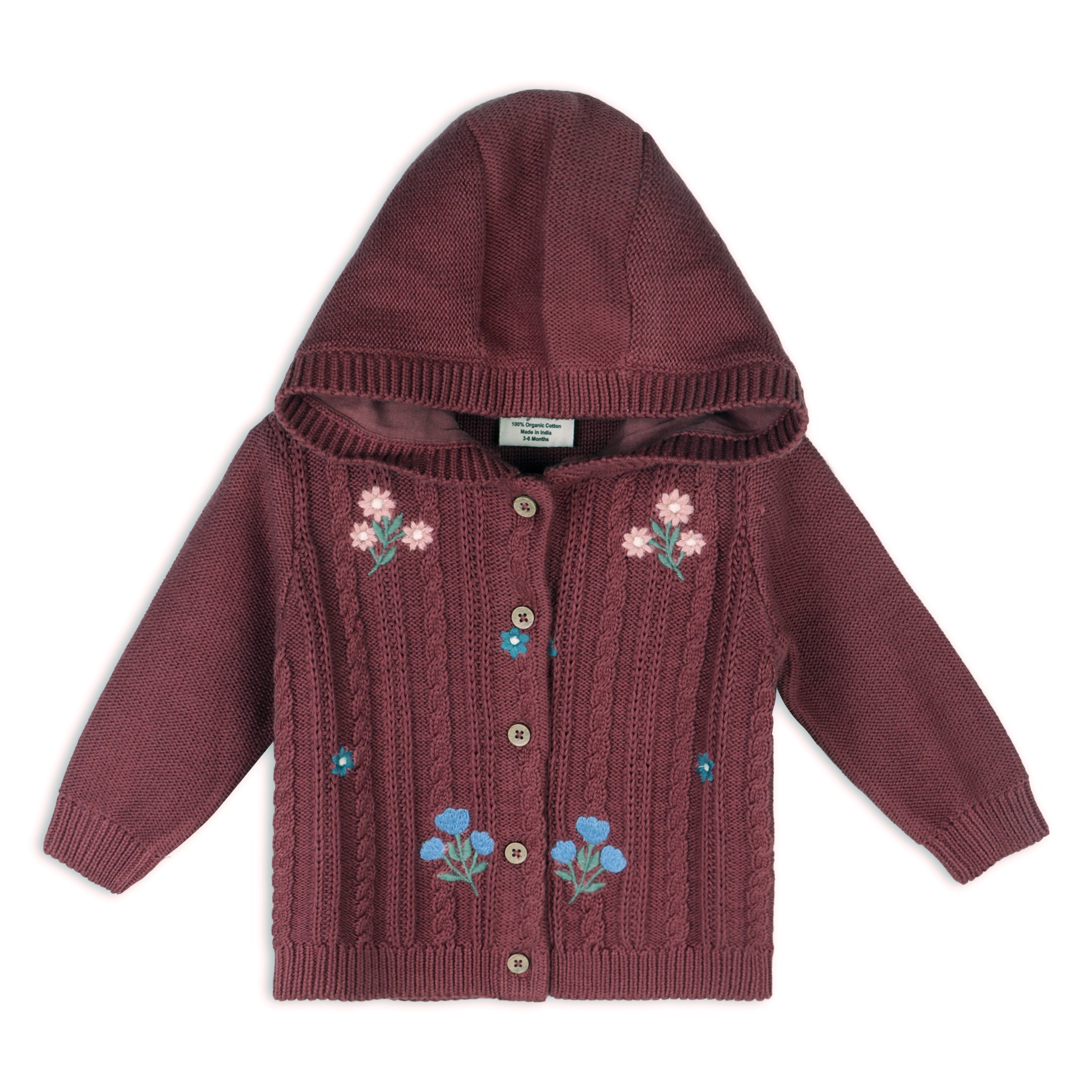 Floral Embroidered Cable Knit Hooded Baby Cardigan (Organic Cotton)
