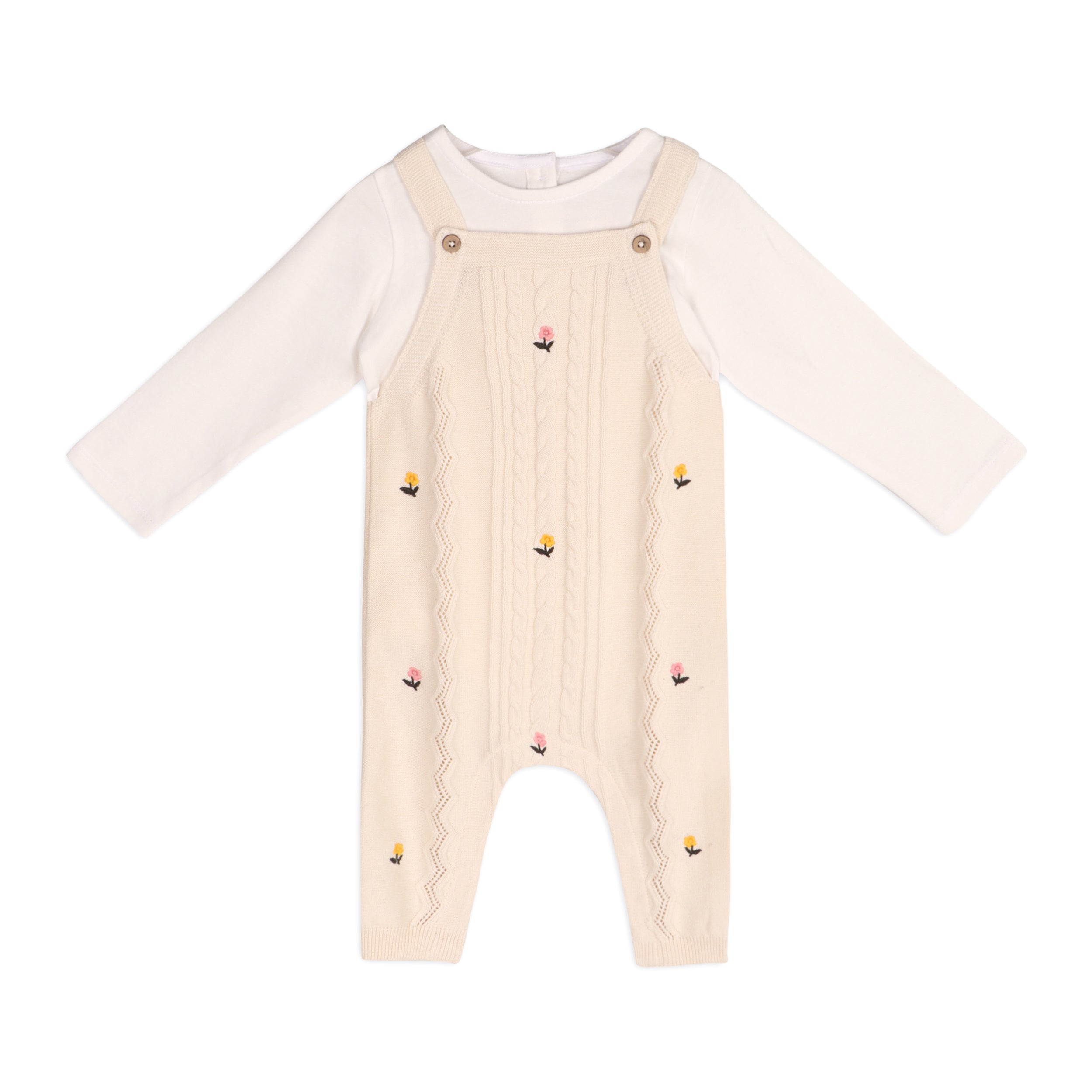 Mini Flowers Embroidered Cable Knit Baby Overall & Bodysuit Set (Organic Cotton)