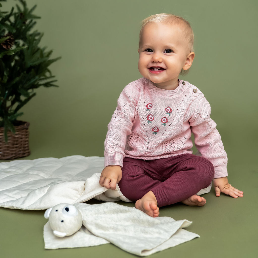 Floral Embroidered Cable Knit Baby Sweater Pullover (Organic Cotton)