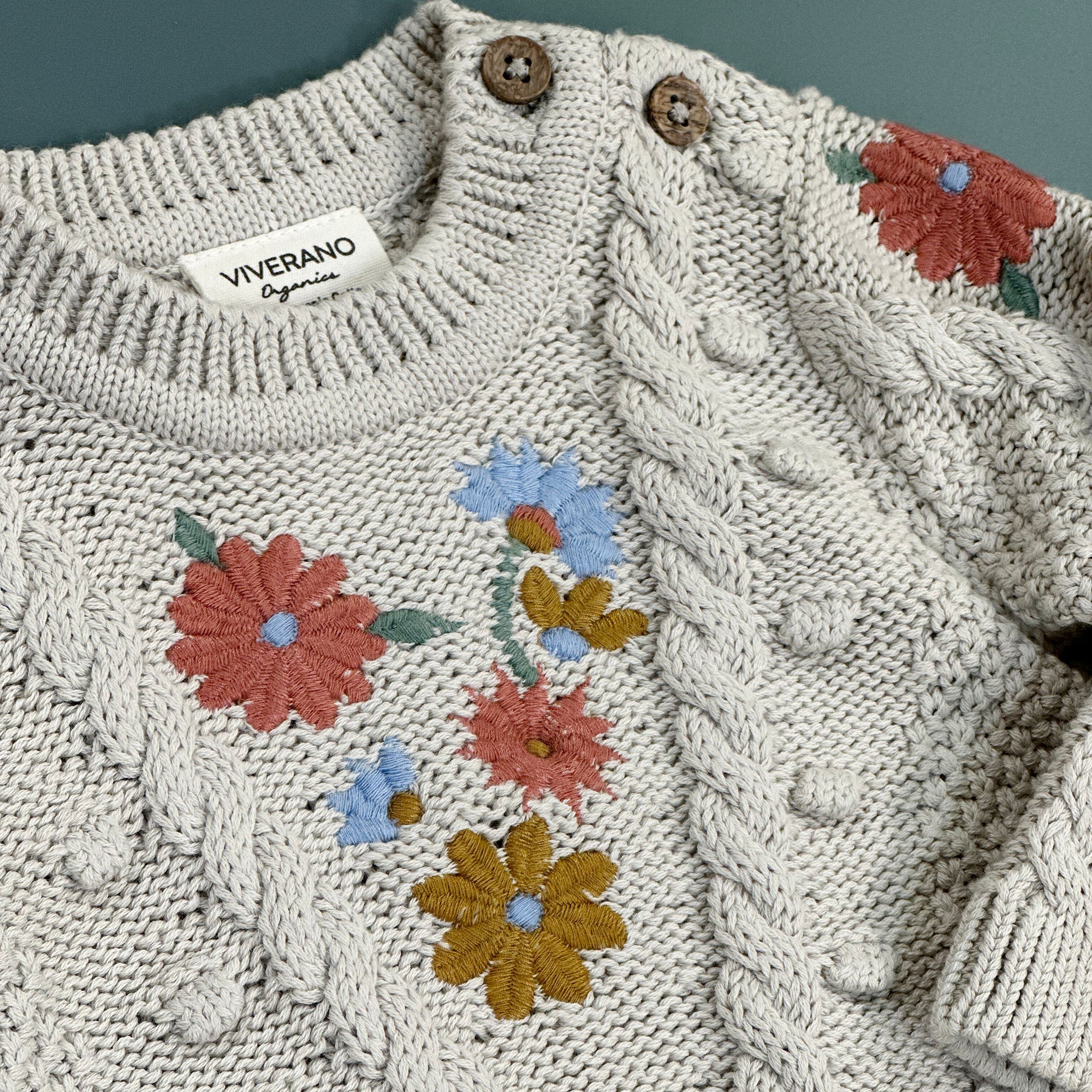 Floral Embroidered Chunky Knit Baby Pullover Sweater (Organic Cotton) - 2 Colors