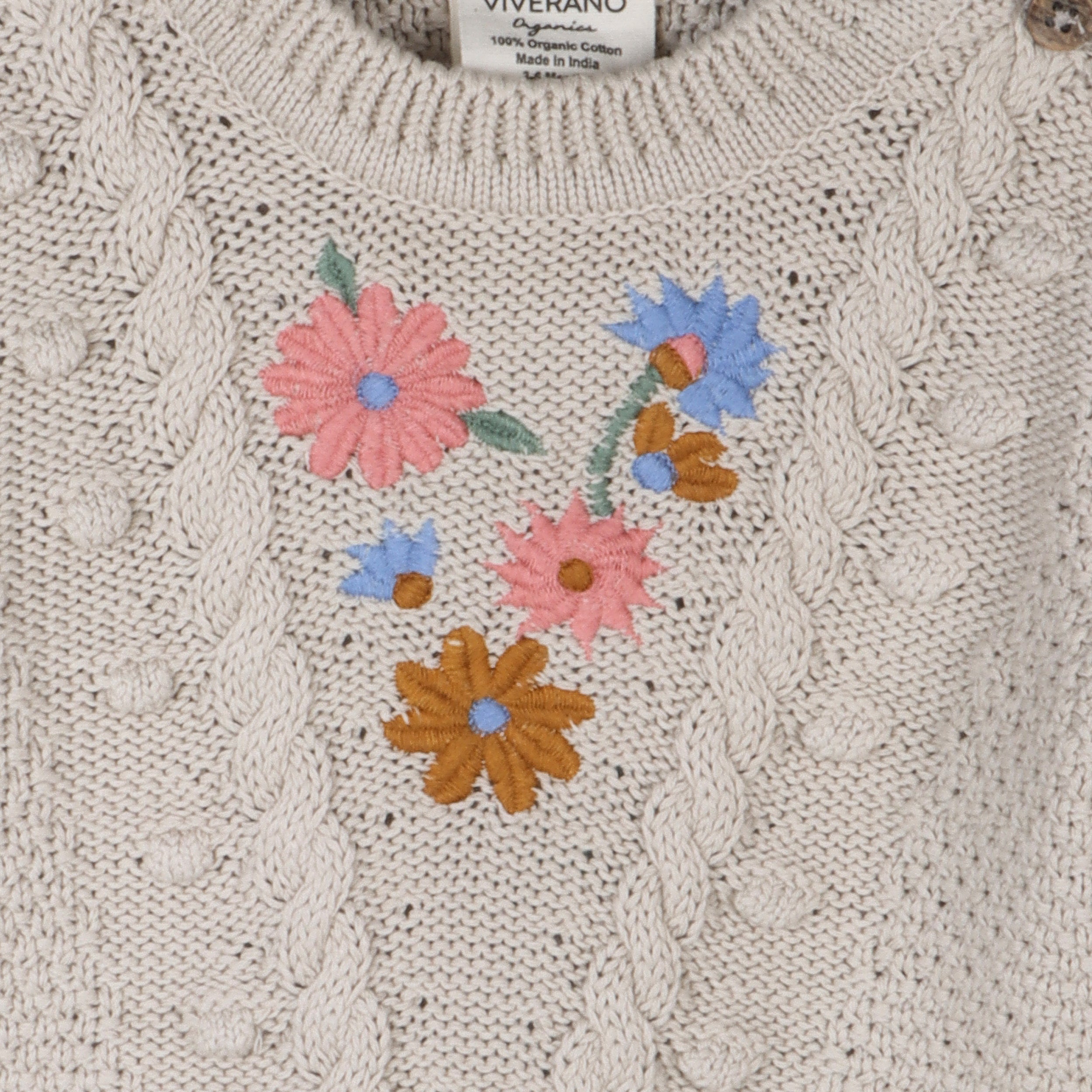 Floral Embroidered Chunky Knit Baby Pullover Sweater (Organic Cotton) - 2 Colors