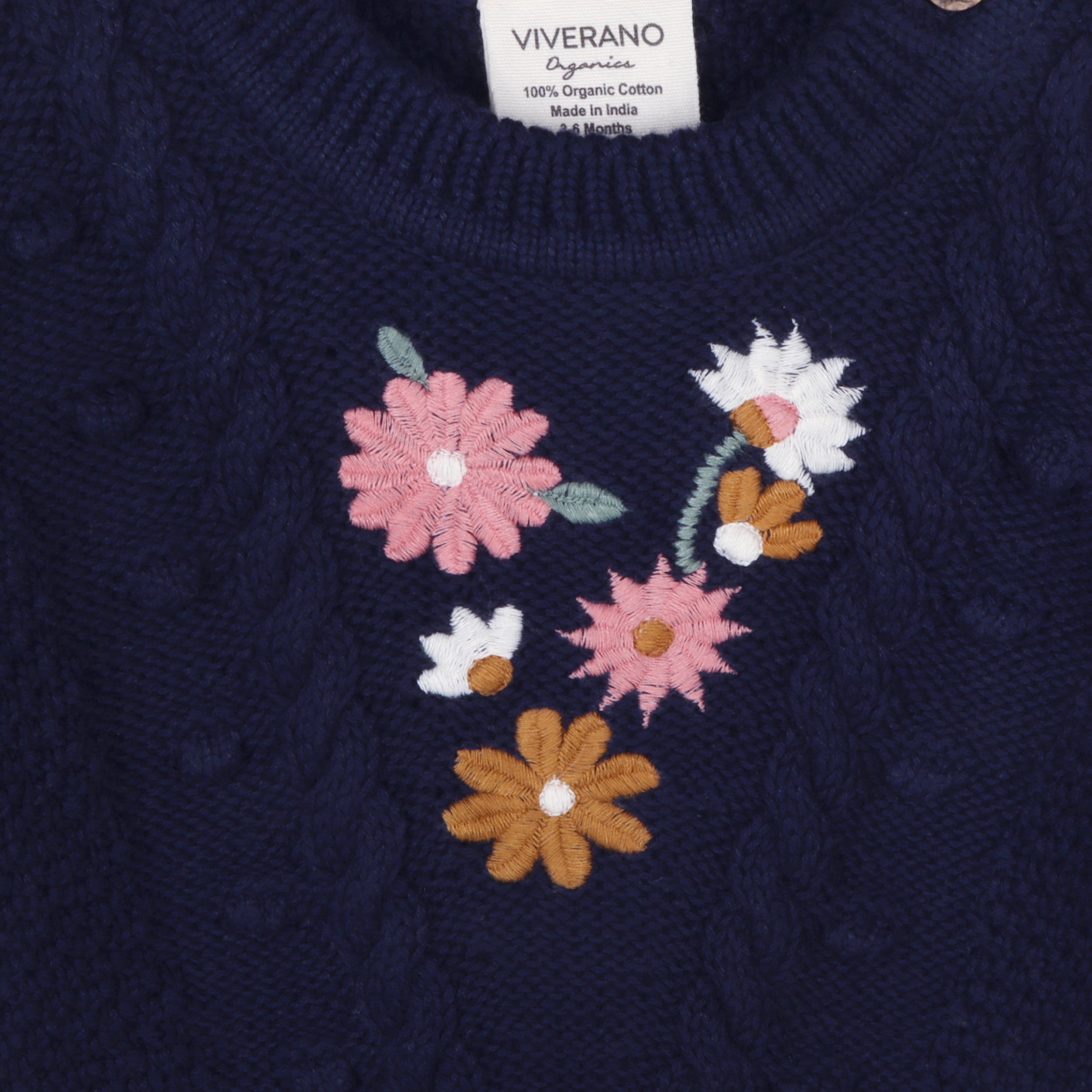 Floral Embroidered Chunky Knit Baby Pullover Sweater (Organic Cotton) - 2 Colors