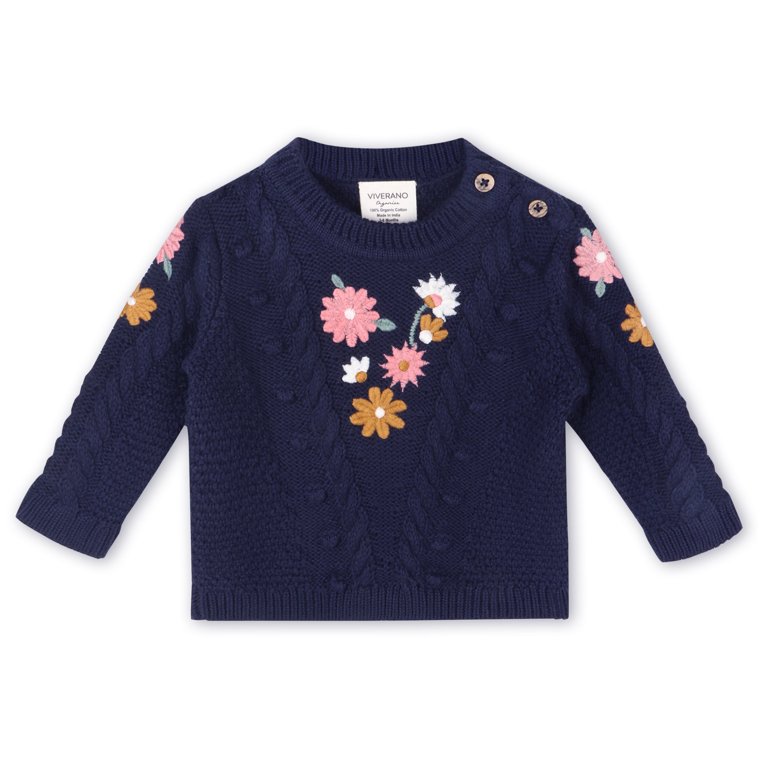 Floral Embroidered Chunky Knit Baby Pullover Sweater (Organic Cotton) - 2 Colors