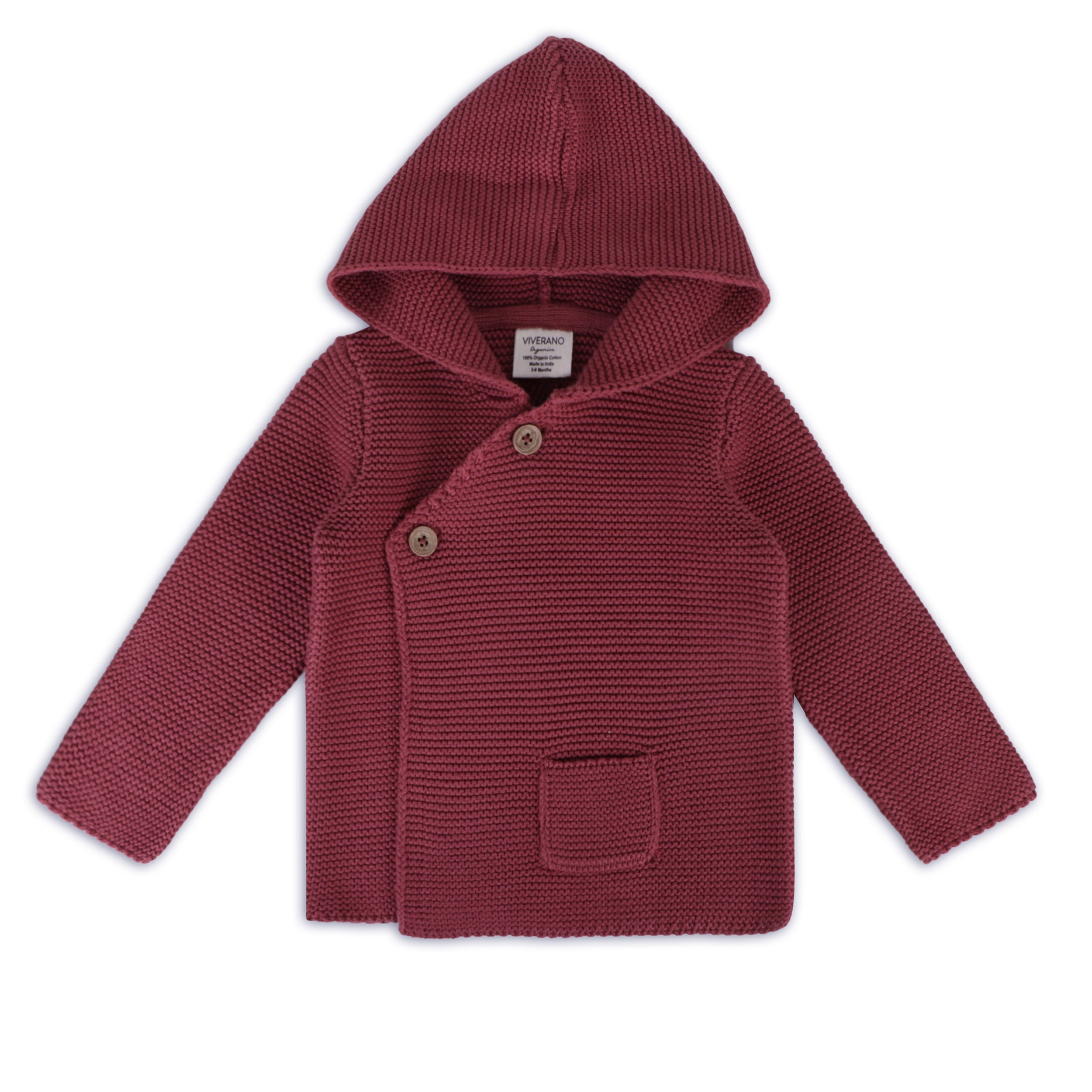Hooded Button & Pocket Sweater Knit Baby Jacket (Organic Cotton) - 6 Colors