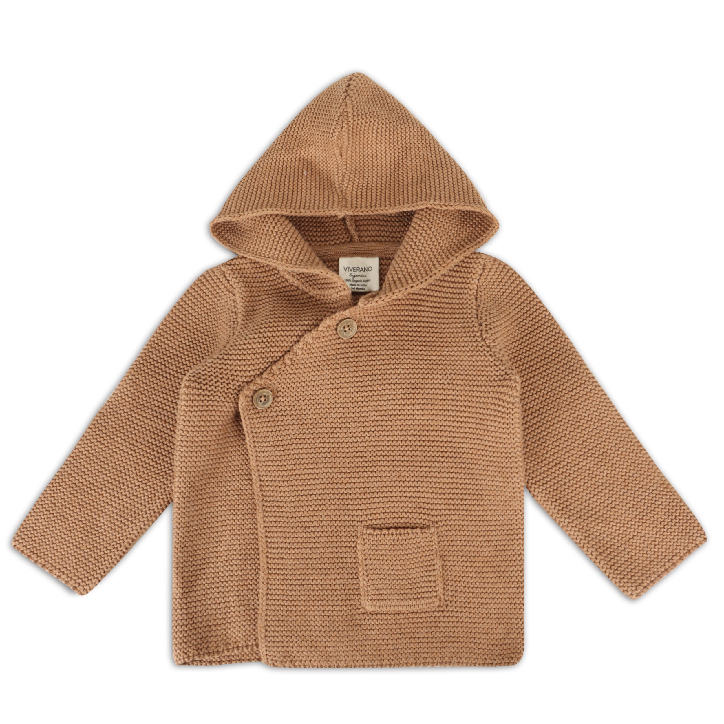 Hooded Button & Pocket Sweater Knit Baby Jacket (Organic Cotton) - 6 Colors