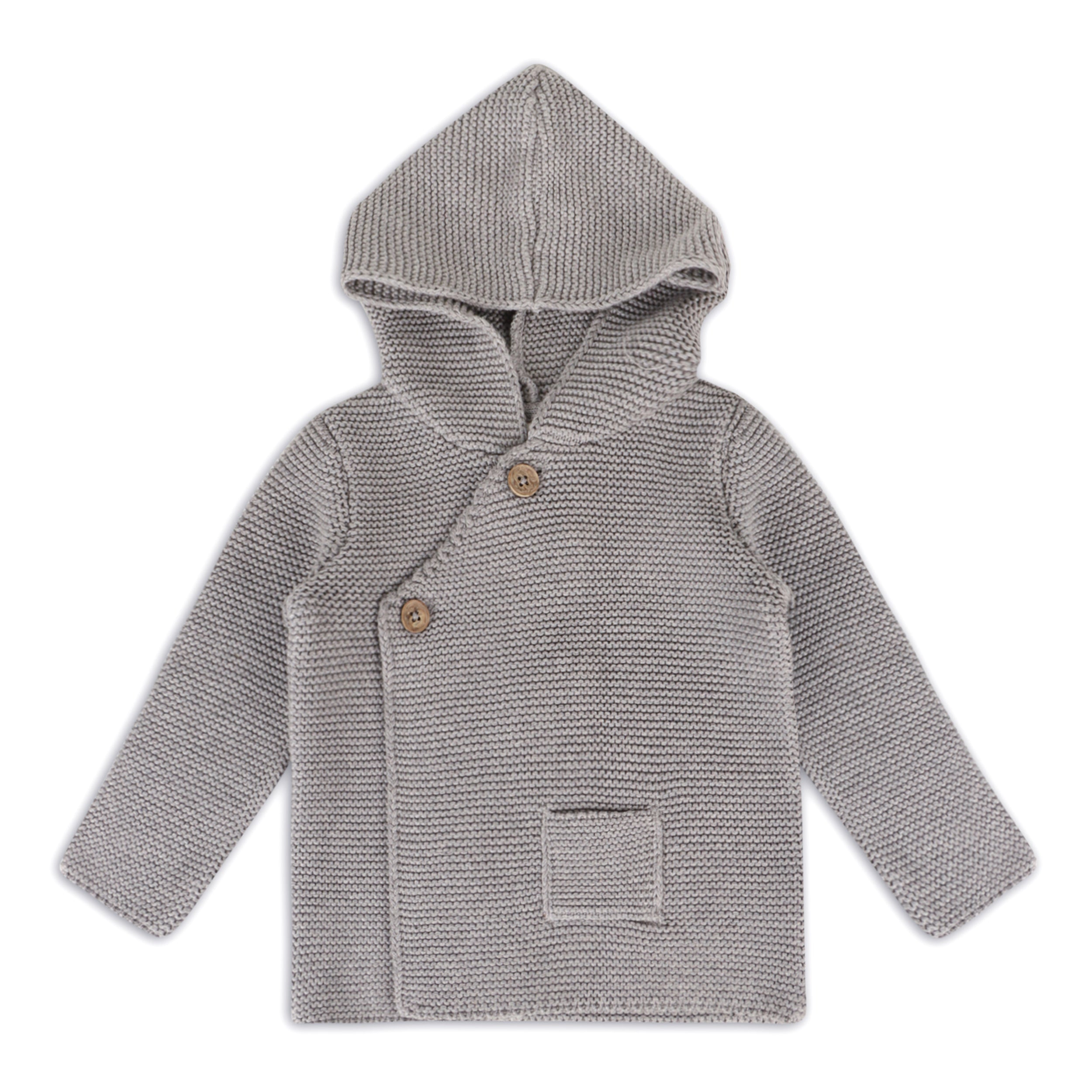Hooded Button & Pocket Sweater Knit Baby Jacket (Organic Cotton) - 6 Colors