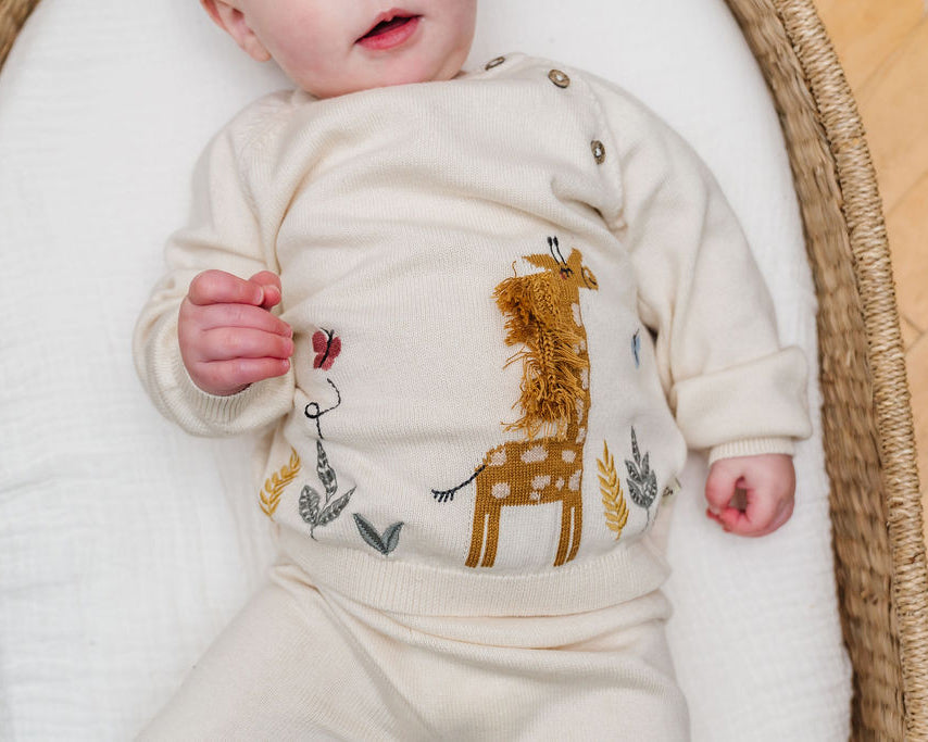 Giraffe Garden Embroidered Knit Baby Pullover Sweater (Organic Cotton)