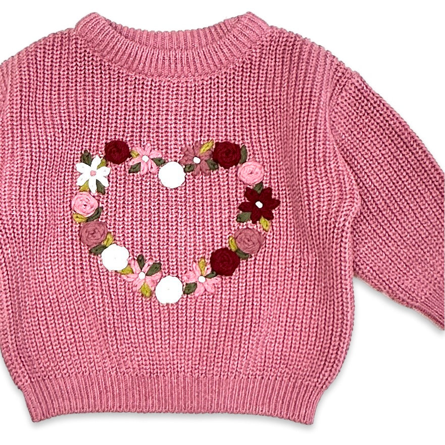 French Rose Heart Hand-Embroidered Slouchy Baby Sweater (Organic)