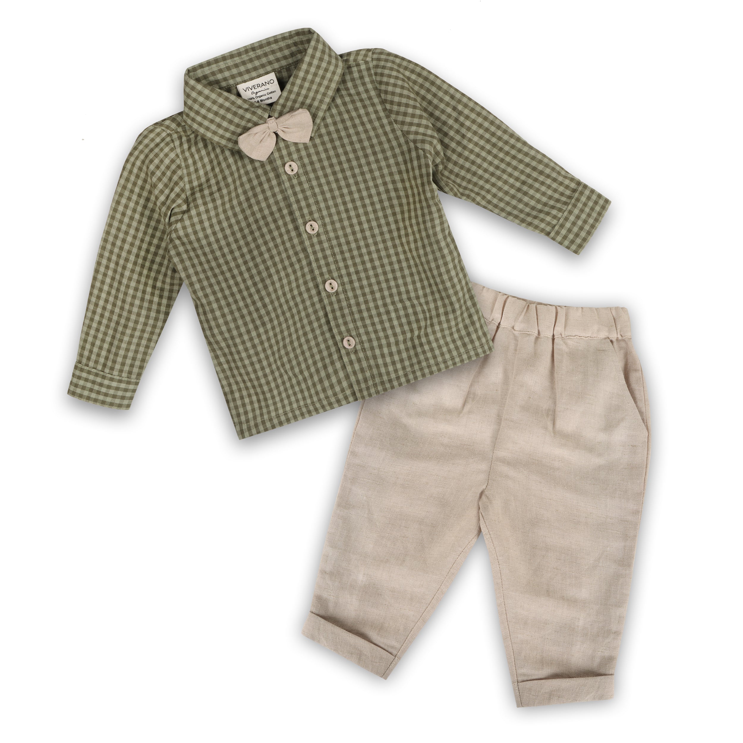 Gingham Bow Tie Shirt & Linen Pant Set (Linen Blend)