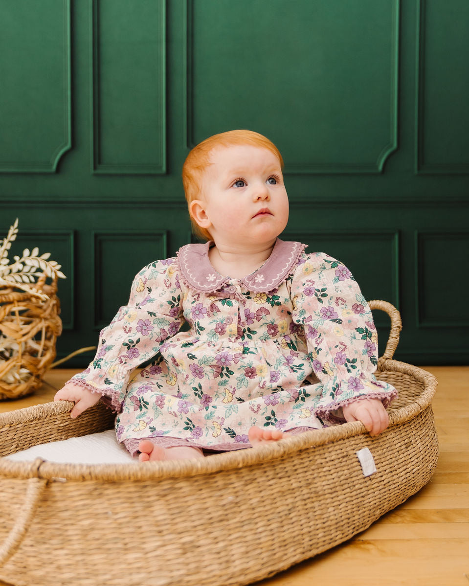 Floral Embroidered Collar Baby Flare Dress & Fancy Bloomer Set (Organic)