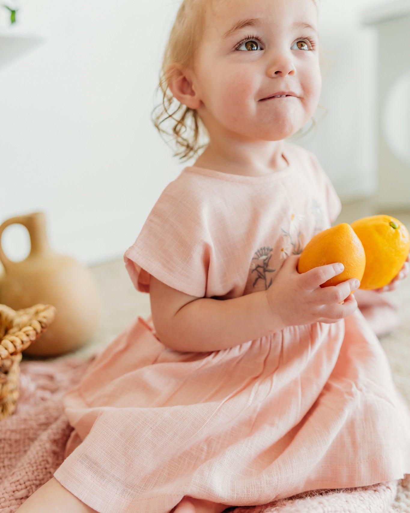 Alicia Embroidered Daisy Baby Dress + Bloomer (Natural Linen Blend)