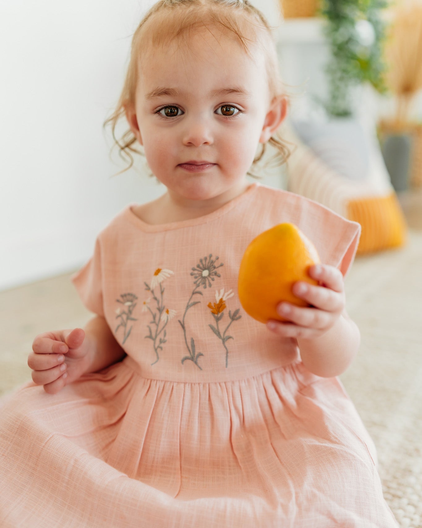 Alicia Embroidered Daisy Baby Dress + Bloomer (Natural Linen Blend)