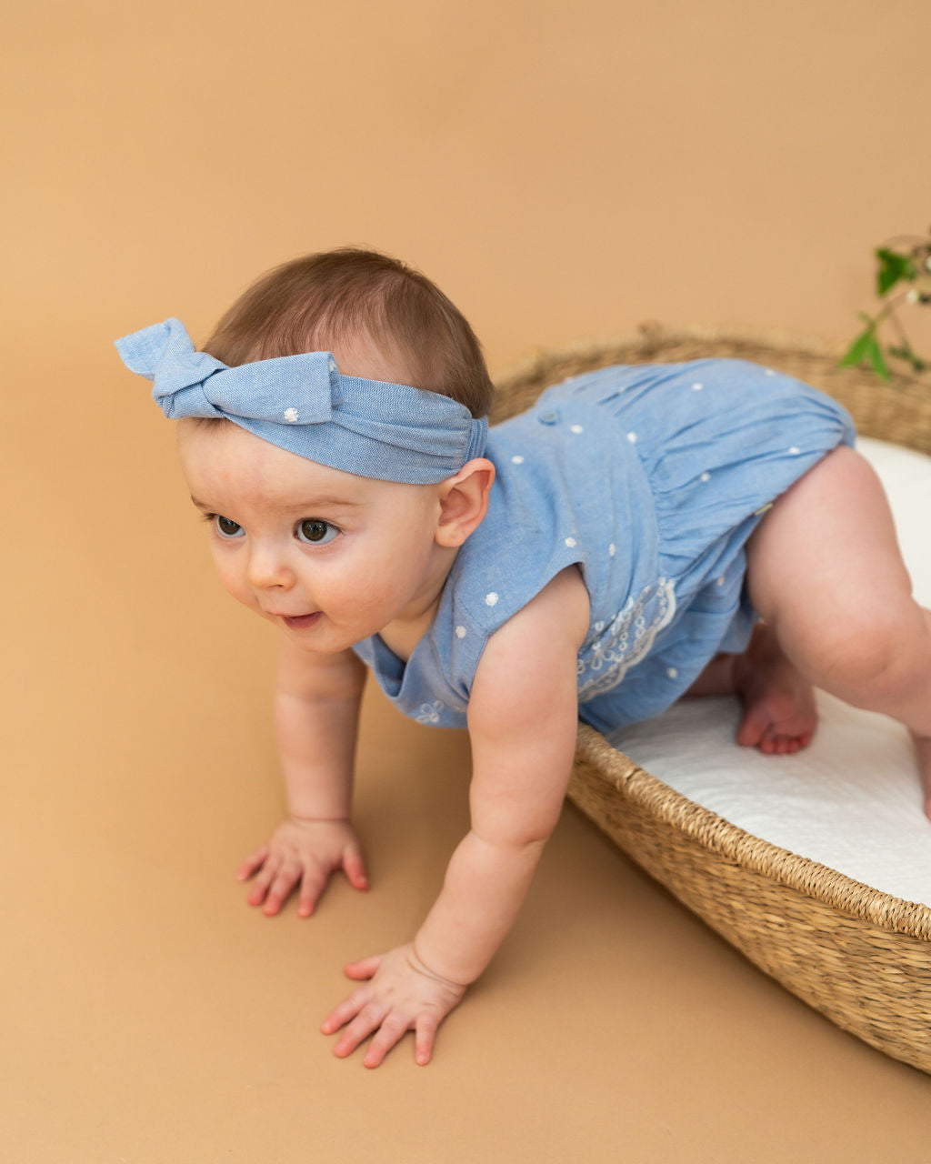 Kaia Chambray Bubble Baby Romper + Headband (Organic Cotton)