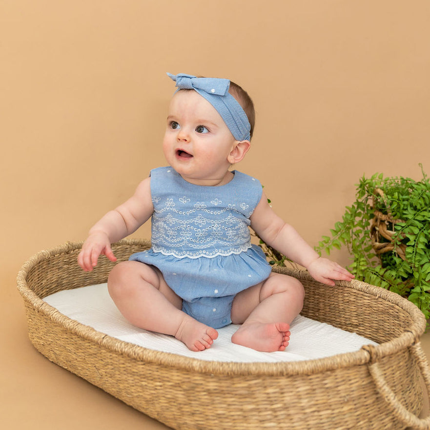 Kaia Chambray Bubble Baby Romper + Headband (Organic Cotton)