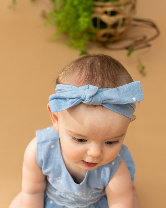 Kaia Chambray Bubble Baby Romper + Headband (Organic Cotton)