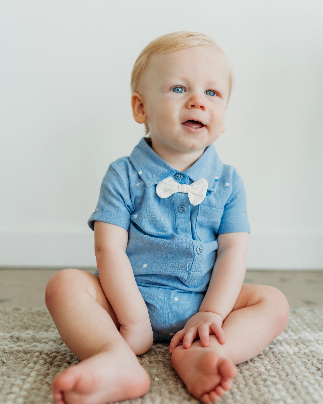 Isla Bowtie Chambray Baby Romper (Organic Cotton)
